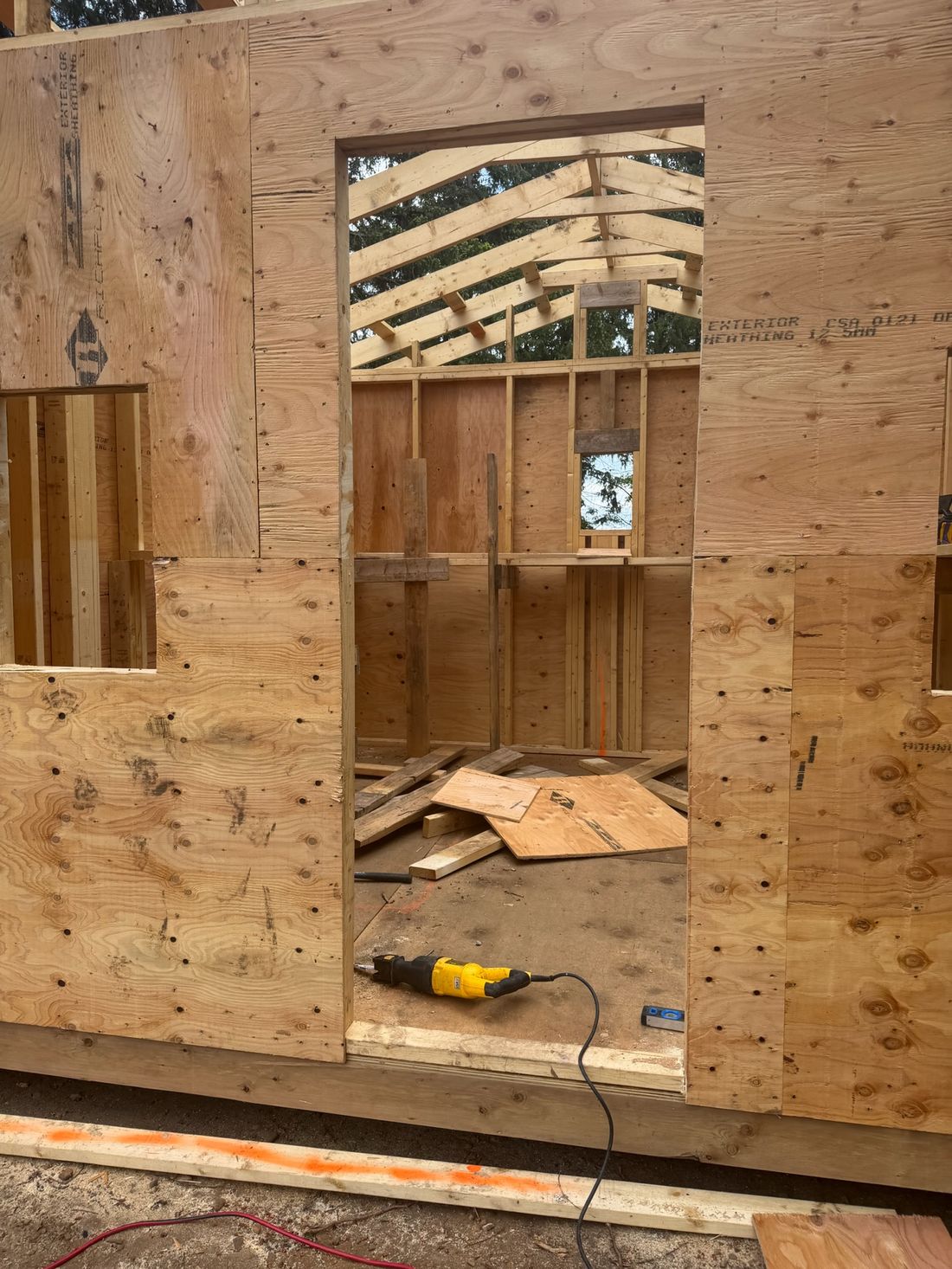The framed and sheathed shell of a new building on the property, roof trusses visible through the doorway